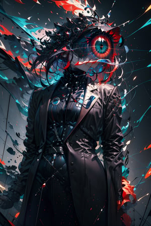 One Person, Masterpiece,wire hair, Eyehead, Eyehead,a sofa, gunshot, pistol, cyberpunk suit,long coat,trenchcoat,black shirt, high detailed, splendid, 4k, Close-up, no humans, films, Dramatic,contrast, natta,tooth, wall paper, Mysteriouss, digital art,High detailed ,robotic eye as head,Color magic