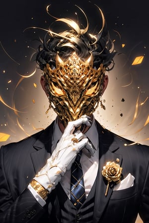 Henshin, solo, looking_at_viewer, shirt, gloves, long_sleeves, 1boy, jacket, white_shirt, upper_body, flower, male_focus, necktie, black_gloves, collared_shirt, vest, black_jacket, mask, rose, chain, formal, ring, suit, facing_viewer, black_necktie, black_vest, straight-on, gold, black_suit, ultra realistic,32k,RAW photo,(high detailed skin:1.2), 8k uhd, dslr, soft lighting, high quality, film grain