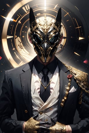 Henshin, solo, looking_at_viewer, shirt, gloves, long_sleeves, 1boy, jacket, white_shirt, upper_body, flower, male_focus, necktie, black_gloves, collared_shirt, vest, black_jacket, mask, rose, chain, formal, ring, suit, facing_viewer, black_necktie, black_vest, straight-on, gold, black_suit, ultra realistic,32k,RAW photo,(high detailed skin:1.2), 8k uhd, dslr, soft lighting, high quality, film grain,kamen rider zio 
mask,clock mask,xjrex,adstech