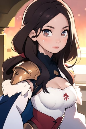 (detailed face:1.2), (looking at viewer:1.2), centered, (upper body), photography of a 22yo woman, masterpiece, | (beautiful detailed eyes:1.2), fluffy hairstyle, light red eyes, armored top, pauldrons, wide hips, lowleg tight pants, | sunset, bokeh, depth of field, | fantasy world, medieval, fantasy town, ,so-hyun.lvl2