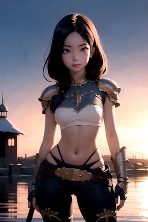 (detailed face:1.2), (looking at viewer:1.2), centered, (upper body), photography of a 22yo woman, masterpiece, | (beautiful detailed eyes:1.2), fluffy hairstyle, light red eyes, armored top, pauldrons, wide hips, lowleg tight pants, | sunset, bokeh, depth of field, | fantasy world, medieval, fantasy town, ,so-hyun.lvl2