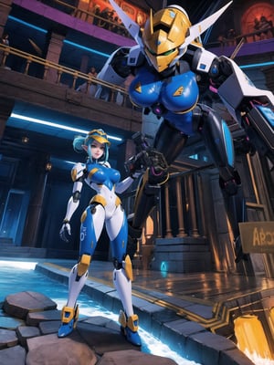 Solo woman,((wearing mecha suit+all-white robotic suit,with parts in blue,plus yellow lights,suit with attached armaments,gigantic breasts,wearing cybernetic helmet with visor)),mohawk hair,blue hair,messy hair,ponytail hair,looking directly at the viewer,she is,on a mountain,with many monsters,robots,large ancient machines,many stones,1water,large pillars,stone altars,zelda,super metroid,ultra technological,16K,UHD,best possible quality,ultra detailed,best possible resolution,Unreal Engine 5,professional photography,she is,(((iInteracting and leaning on anything+object+on something+leaning against+sensual pose))),better_hands,((full body)),More detail