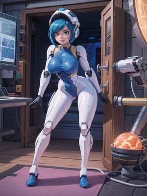 a woman, wearing an all-white mecha suit with blue parts+cybernetic armor+robotic suit, gigantic breasts, wearing a helmet on her head with a visor, blue hair, short hair, mohawk hair, hair with bangs in front of her eyes, looking directly at the viewer, in a space aircraft, with many machines, large structures, computers, windows, elevators, light pipes, robots, ((sensual pose with interaction and leaning on + object+on something + leaning against):1.3), 16K, UHD , unreal engine 5, super metroid, (full body:1.5), quality max, max resolution, ultra-realistic, ultra-detailed, maximum sharpness, perfect_hands, better_hands, more detail,