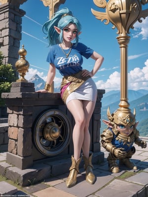 Solo woman, ((blue T-shirt with Golden parts, short white skirt with Golden props, Hyrule warrior costume)), gigantic breasts, mohawk hair, blue hair, messy hair, hair with ponytail, looking directly at the viewer, she is, on a mountain, with many monsters, robots, large ancient machines, many stones, 1water, large pillars, stone altars, ((zelda tears of the kingdom)), 16K, UHD, best possible quality, ultra detailed, best possible resolution, Unreal Engine 5, professional photography, she is, (((iInteracting and leaning on anything+object+on something+leaning against+sensual pose)))+better_hands, ((full body)), More detail