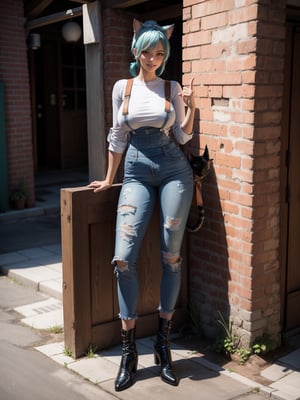 A woman, wearing blue jeans overalls, white t-shirt, leather boots, tight clothes, gigantic breasts, green hair, short hair with a ponytail, ((cat ears on her head)), looking at the viewer, ((posing with interaction and leaning on [something|an object])), in front of a brick house with a chair, structures, mailbox, it's daytime, ((full body):1.5), 16k, UHD, best possible quality, ultra detailed, best possible resolution, Unreal Engine 5, professional photography, hand and fingers well done, well-structured fingers and hands, well-detailed fingers, well-detailed hand, perfect_hands, perfect, ((cat woman))