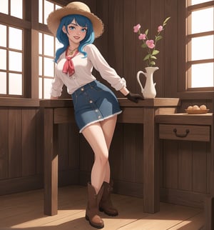 A masterpiece with cartoon, realistic and adventure styles, rendered in ultra-high resolution with graphic details. | A 30-year-old woman, with generous breasts and a sensual body, is in a farmhouse. She is wearing a straw hat, a red button-down shirt, a blue denim skirt, brown cowboy boots, and brown leather gloves, as well as a colorful beaded necklace and a scarf tied around her neck. Her hair is pink and blue, with a short, messy cut, and her eyes are red, looking at the viewer, smiling, showing her white teeth and vibrant red lipstick. The scene is welcoming and simple, with wooden walls, a worn wooden floor, rustic furniture and various farm objects scattered around the room. Sunlight enters through the window, illuminating the room and creating a warm and welcoming effect. | The image highlights the woman's figure and the cozy atmosphere of the farmhouse. The details of the scene, including the clothing, hair, eyes and sunlight, are highlighted by the combination of cartoon, realistic and adventure styles. | Soft, warm lighting effects create a welcoming, friendly atmosphere, while detailed textures on clothing, hair and farm objects add realism to the image. | A sensual and cozy scene of a woman in a farmhouse, exploring themes of adventure, rural lifestyle and sensuality. | (((((The image reveals a full-body shot as she assumes a sensual pose, engagingly leaning against a structure within the scene in an exciting manner. She takes on a sensual pose as she interacts, boldly leaning on a structure, leaning back in an exciting way.))))). | ((full-body shot)), ((perfect pose)), ((perfect fingers, better hands, perfect hands)), ((perfect legs, perfect feet)), ((huge breasts)), ((perfect design)), ((perfect composition)), ((very detailed scene, very detailed background, perfect layout, correct imperfections)), More Detail, Enhance