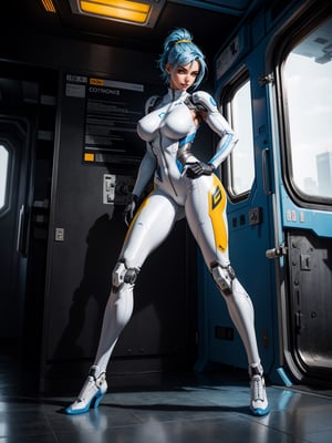 A woman, white robotic suit with blue couplings, suit with gears, very tight suit, monstrously giant breasts, blue hair, short hair, hair with ponytail, helmet on the head, looking at the viewer, (((erotic pose interacting and leaning [on something|on an object]))), in an aircraft with many machines, equipment, window, ((full body):1.5), 16k,  UHD, best possible quality, ultra detailed, best possible resolution, Unreal Engine 5, professional photography, well-detailed fingers, well-detailed hand, perfect_hands, perfect,