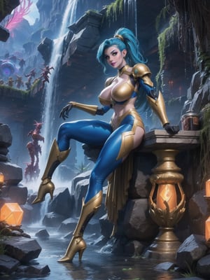 Solo woman, ((mecha costume all white, parts in blue, lights in yellow, costume very tight on the body, gigantic breasts)), mohawk hair, blue hair, messy hair, hair with ponytail, looking directly at the viewer, she is, in an alien dungeon, with many machines, many aliens, waterfall, large stone pillars, stone altars, heavy armaments, ((super metroid, ultra technological, warcraft)), 16K, UHD, best possible quality, ultra detailed, best possible resolution, Unreal Engine 5, Super Metroid, professional photography, she's, (((Sensual pose with interaction and leaning on anything+object+on something+leaning against))), better_hands, More detail, ((full body))