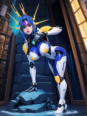 Solo woman, ((wearing mecha suit+all-white robotic suit, with parts in blue, plus yellow lights, suit with attached armaments, gigantic breasts, wearing cybernetic helmet with visor)), mohawk hair, blue hair, messy hair, ponytail hair, looking directly at the viewer, she is, on a mountain, with many monsters, robots, large ancient machines, many stones, 1water, large pillars, stone altars, zelda, super metroid, ultra technological, 16K, UHD, best possible quality, ultra detailed, best possible resolution, Unreal Engine 5, professional photography, she is, (((iInteracting and leaning on anything+object+on something+leaning against+sensual pose))),better_hands, ((full body)), More detail