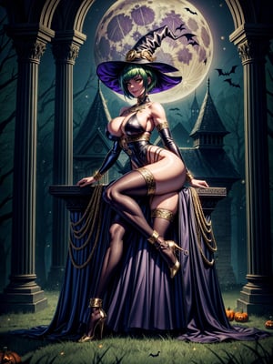 1woman, wearing black witch outfit with golden bands, extremely tight and erotic clothing, absurdly giant breasts, green hair, mohawk hair, extremely short hair, hair with bangs in front of the eyes, black witch hat on the head, looking at the viewer, (((erotic pose interacting and leaning on something))), in an ancient castle with large pillars,  furniture, figurines, window showing the forest at night with a beautiful full moon at the top right, ((full body):1.5), ((Halloween party)), 16k, UHD, best possible quality, ((ultra detailed):1), best possible resolution, Unreal Engine 5, professional photography, perfect_hands