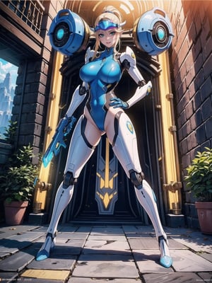 Solo female, ((wearing mecha suit+robotic suit completely white, with blue parts, more yellow lights, suit with attached weapons, gigantic breasts, wearing cybernetic helmet with visor)), mohawk hair, blue hair, messy hair, hair with ponytail, looking directly at the viewer, she is, in a dungeon, with a waterfall, large stone altars, stone structures, machines, robots, large altars of ancient gods, figurines, Super Metroid, ultra technological, Zelda, Final Fantasy, worldofwarcraft, (full body:1.5), 16K, UHD, Unreal Engine 5, quality max, max resolution, maximum sharpness, (((sensual pose with interaction and leaning on anything+object+on something+leaning against))) + ((perfect_thighs, perfect_legs, perfect_feet)), better_hands, More detail, 