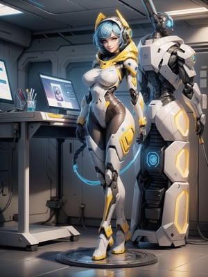 solo, 1woman, wearing mecha costume+robotic costume+cyber costume, white+parts in blue+yellow lights, costume very tight on the body, ((gigantic breasts, hood on the head)), blue hair, very short hair, hair with bangs in front of the eyes, is looking at the viewer, (((sensual pose with interaction and leaning on anything+object+leaning against))) in an alien dungeon, with futuristic machines, computers on the walls, control panels, teleportation with portal interdimensional, slimes, aliens with cybernetic armor, ((full body):1.5), 16K, UHD, maximum quality, maximum resolution, ultra-realistic, ultra-detailed, ((perfect_hands):1), Furtastic_Detailer,Goodhands-beta2