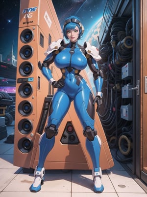 a woman, wearing an all-white mecha suit with blue parts+cybernetic armor+robotic suit, gigantic breasts, wearing a helmet on her head with a visor, blue hair, short hair, mohawk hair, hair with bangs in front of her eyes, (((sensual pose with interaction and leaning on + object+on something + leaning against))), in a space aircraft, with many machines, large structures, computers, windows, elevators, light pipes, robots, 16K, UHD, (full body:1.5), unreal engine 5, super metroid, mecha, quality max, max resolution, ultra-realistic, ultra-detailed, maximum sharpness, perfect_hands, better_hands, more detail,