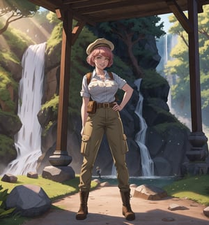 An ultra-detailed 16K masterpiece with adventure and fantasy styles, rendered in ultra-high resolution with realistic details. | A young 23-year-old woman with huge breasts wearing an archaeologist outfit consisting of a khaki shirt, beige cargo pants, brown hiking boots, a brown explorer's hat, a utility belt with digging tools, and a leather backpack brown. Her short pink hair, with a modern and stylish cut, has shiny highlights that reflect the sunlight. Its yellow eyes look at the viewer with a seductive expression, smiling and showing its teeth, with a reddened face. Located in an ancient temple with a waterfall in the background and rocks around. Sunlight filters through the trees, creating a magical atmosphere. Stone structures, marble columns and ancient sculptures adorn the scene. | The image highlights the imposing figure of the young archaeologist and the architectural elements of the temple. The stone structures, marble columns and ancient sculptures, along with the archaeologist, waterfall, rocks and sunlight, create a magical and adventurous environment. The sun's rays filtering through the trees create dramatic shadows and highlight the details of the scene. | Soft, natural lighting effects create a relaxing and mysterious atmosphere, while detailed textures on structures and costumes add realism to the image. | A relaxing and adventurous scene of a young archaeologist in an ancient temple, fusing elements of adventure and fantasy. |(((The image reveals a full-body shot as the young woman assumes a sensual pose, engagingly leaning against a structure within the scene in an exciting manner. She takes on a sensual pose as she interacts, boldly leaning on a structure, leaning back and boldly throwing herself onto the structure, reclining back in an exhilarating way.))). | ((((full-body shot)))), ((perfect pose)), ((perfect arms):1.2), ((perfect limbs, perfect fingers, better hands, perfect hands, hands)), ((perfect legs, perfect feet):1.2), the young woman has ((perfect breasts, firm breasts, saggy breasts, huge breasts)), ((perfect design)), ((perfect composition)), ((very detailed scene, very detailed background, perfect layout, correct imperfections)), Enhance, Ultra details, More Detail, ((poakl))