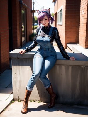 A woman, wearing blue jeans overalls, white t-shirt, leather boots, tight clothes, gigantic breasts, purple hair, short hair with a ponytail, ((cat ears on her head)), looking at the viewer, ((posing with interaction and leaning on [something|an object])), in front of a brick house with a chair, structures, mailbox, it's daytime, ((full body):1.5), 16k, UHD, best possible quality, ultra detailed, best possible resolution, Unreal Engine 5, professional photography, hand and fingers well done, well-structured fingers and hands, well-detailed fingers, well-detailed hand, perfect_hands, perfect, ((cat woman))