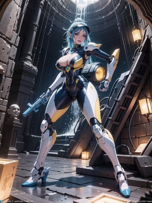 Solo female, ((wearing mecha suit+robotic suit completely white, with blue parts, more yellow lights, suit with attached weapons, gigantic breasts, wearing cybernetic helmet with visor)), mohawk hair, blue hair, messy hair, hair with ponytail, looking directly at the viewer, she is, in a dungeon, with a waterfall, large stone altars, stone structures, machines, robots, large altars of ancient gods, figurines, Super Metroid, ultra technological, Zelda, Final Fantasy, warcraf, world_of_warcraft, UHD, best possible quality, ultra detailed, best possible resolution, Unreal Engine 5, professional photography, she, (((Sensual pose with interaction and leaning on anything+object+on something+leaning against))), better_hands, ((full body)), More detail