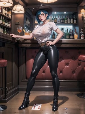 A woman, wearing cowboy costume + leather jacket + white T-shirt, long black leather pants, gigantic breasts, wearing white cowboy hat with a feather attached, very short hair, blue hair, mohawk hair, hair with bangs in front of eyes, (looking at the viewer), (((erotic pose with interaction and leaning on anything + object + on something + leaning against))) + in a bar in the Western The Night, with tables, chairs, drinks rack, many people sitting drinking, people playing cards, people fucking, piano,, 16K, UHD, ((cowboy, Old West)), (full body:1.5), quality max, max resolution, ultra-realistic, maximum sharpness, More detail, perfect_hands, better_hands,