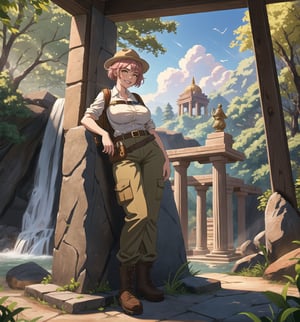 An ultra-detailed 16K masterpiece with adventure and fantasy styles, rendered in ultra-high resolution with realistic details. | A young 23-year-old woman with huge breasts wearing an archaeologist outfit consisting of a khaki shirt, beige cargo pants, brown hiking boots, a brown explorer's hat, a utility belt with digging tools, and a leather backpack brown. Her short pink hair, with a modern and stylish cut, has shiny highlights that reflect the sunlight. Its yellow eyes look at the viewer with a seductive expression, smiling and showing its teeth, with a reddened face. Located in an ancient temple with a waterfall in the background and rocks around. Sunlight filters through the trees, creating a magical atmosphere. Stone structures, marble columns and ancient sculptures adorn the scene. | The image highlights the imposing figure of the young archaeologist and the architectural elements of the temple. The stone structures, marble columns and ancient sculptures, along with the archaeologist, waterfall, rocks and sunlight, create a magical and adventurous environment. The sun's rays filtering through the trees create dramatic shadows and highlight the details of the scene. | Soft, natural lighting effects create a relaxing and mysterious atmosphere, while detailed textures on structures and costumes add realism to the image. | A relaxing and adventurous scene of a young archaeologist in an ancient temple, fusing elements of adventure and fantasy. |(((The image reveals a full-body shot as the young woman assumes a sensual pose, engagingly leaning against a structure within the scene in an exciting manner. She takes on a sensual pose as she interacts, boldly leaning on a structure, leaning back and boldly throwing herself onto the structure, reclining back in an exhilarating way.))). | ((((full-body shot)))), ((perfect pose)), ((perfect arms):1.2), ((perfect limbs, perfect fingers, better hands, perfect hands, hands)), ((perfect legs, perfect feet):1.2), the young woman has ((perfect breasts, firm breasts, saggy breasts, huge breasts)), ((perfect design)), ((perfect composition)), ((very detailed scene, very detailed background, perfect layout, correct imperfections)), Enhance, Ultra details, More Detail, ((poakl))