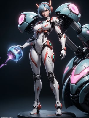 A woman, wearing mecha+mecha armor+robotic armor, white suit with red parts+lights, tight and tight suit on the body, gigantic breasts, short hair, blue hair, c hair fastened, hair with bangs in front of the eyes, hair slick, (((looking at the viewer, sensual pose+Interacting+leaning on anything+object+leaning against))) in a very old alien tomb,  with large structures, technological altars, mechanical structures, full_body, 16K, UHD, unreal engine 5, quality max, max resolution, ultra-realistic, ultra-detailed, maximum sharpness, ((perfect_hands, perfect_legs)), Goodhands-beta2, ((mecha+ style super_metroid)), ((((full_body))))