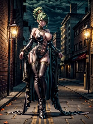 1woman, wearing black witch outfit with golden bands, extremely tight and erotic clothing, absurdly giant breasts, green hair, mohawk hair, extremely short hair, ponytailed hair, hair with bangs in front of the eyes, black witch hat on the head, looking at the viewer, (((erotic pose interacting and leaning on something))), in a city having party,  large structures, pumpkins, lamps illuminating the city, macabre city background having halloween party by night, ((full body):1.5), ((halloween)), 16k, UHD, best possible quality, ((ultra detailed):1), best possible resolution, Unreal Engine 5, professional photography, perfect_hands