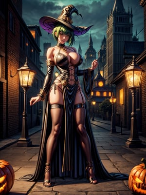 1woman, wearing black witch outfit with golden bands, extremely tight and erotic clothing, absurdly giant breasts, green hair, mohawk hair, extremely short hair, hair with bangs in front of the eyes, black witch hat on the head, looking at the viewer, (((erotic pose interacting and leaning on something))), in a city having party altars, pumpkins,  lamps illuminating the city, macabre city background having halloween party by night, ((full body):1.5), 16k, UHD, best possible quality, ((ultra detailed):1), best possible resolution, Unreal Engine 5, professional photography, perfect_hands