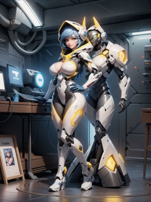 solo, 1woman, wearing mecha costume+robotic costume+cyber costume, white+parts in blue+yellow lights, costume very tight on the body, ((gigantic breasts, hood on the head)), blue hair, very short hair, hair with bangs in front of the eyes, is looking at the viewer, (((sensual pose with interaction and leaning on anything+object+leaning against))) in an alien dungeon, with futuristic machines, computers on the walls, control panels, teleportation with portal interdimensional, slimes, aliens with cybernetic armor, ((full body):1.5), 16K, UHD, maximum quality, maximum resolution, ultra-realistic, ultra-detailed, ((perfect_hands):1), Furtastic_Detailer,Goodhands-beta2