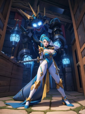 Solo woman, ((mecha costume all white, parts in blue, lights in yellow, gigantic breasts)), mohawk hair, blue hair, messy hair, hair with ponytail, looking directly at the viewer, she is, in a very old dungeon at the top of the mountains at night, with many altars, slimes, large weapons, metal Golems, heavy weapons, large stones, scaly monsters, super metroid, ultra technological, warcraft, zelda breath of the wild, 16K, UHD, best possible quality, ultra detailed, best possible resolution, Unreal Engine 5, super metroid, professional photography, she is, (((Sensual pose with interaction and leaning on anything+object+on something+leaning against))), better_hands, ((full body)), More detail, 