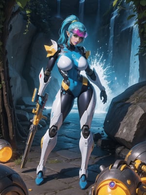 Solo female, ((wearing mecha suit+robotic suit completely white, with blue parts, more yellow lights, suit with attached weapons, gigantic breasts, wearing cybernetic helmet with visor)), mohawk hair, blue hair, messy hair, hair with ponytail, looking directly at the viewer, she is, in a dungeon, with a waterfall, large stone altars, stone structures, machines, robots, large altars of ancient gods, figurines, Super Metroid, ultra technological, Zelda, Final Fantasy, worldofwarcraft, UHD, best possible quality, ultra detailed, best possible resolution, Unreal Engine 5, professional photography, she is ((sensual pose with interaction and leaning on anything+object+on something+leaning against)), better_hands, (full body), More detail