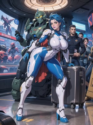 Solo woman, wearing mecha suit+cybernetic armor+gundam suit, all white with parts in blue, gigantic breasts, mohawk hair, blue hair, messy hair, looking directly at the viewer, she is, in an alien airport, with many machines, many aliens, many people transiting, glass table, chair, luggage carts, ((futuristic, ultra-technological)), 16K, UHD, best possible quality, ultra detailed, best possible resolution, Unreal Engine 5professional photography, she is, (((Sensual pose with interaction and leaning on anything+object+on something+leaning against))), better_hands, More detail, ((full body)),