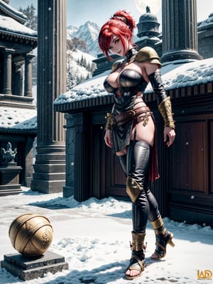 1woman, black armor with golden props, leather skirt with golden props, tight clothing on the body and erotic, absurdly giant breasts, red hair, mohawk hair, extremely short hair, hair with ponytail, hair with bangs in front of the eyes, helmet on the head, looking at the viewer, (((erotic pose interacting and leaning on something))), in an Arcadian temple with large figurines, sculptures, altars, pedestals, mountain background, snowing hard, at night, full moon top left, ((God of War)), ((full body):1.5), 16k, UHD, best possible quality, ((ultra detailed):1), best possible resolution, Unreal Engine 5, professional photography, perfect_hands