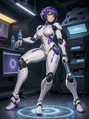 A woman, wearing mecha suit+mecha armor+robotic armor, white suit with purple parts, gigantic breasts, blue hair, short hair, hair fastened with fastener, hair with bangs in front of the eyes, smooth hair, (((looking at the viewer, sensual pose+Interacting+leaning on anything+object+leaning against))) in a laboratory of scientific experiments, with many machines,  glass reservoirs with alien bodies, many computers, equipment, ((full body)), 16K, UHD, unreal engine 5, quality max, max resolution, ultra-realistic, ultra-detailed, maximum sharpness, ((perfect_hands, perfect_legs)), Goodhands-beta2, ((Alien, robotic body, cybernetic armor))