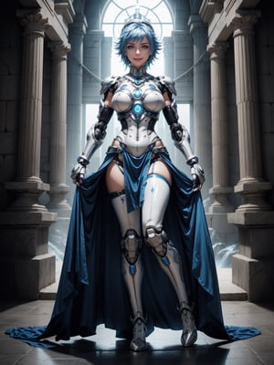 A woman – robot, wearing armor + white robotic suit with blue parts + lights attached, very tight suit, monstrously giant breasts, blue hair, short hair, hair with ponytail, helmet on the head, looking at the viewer, (((erotic pose interacting and leaning [on something|on an object]))), in a cybernetic Greek temple with many altars, structures, waterfalls,  large statues, mountain background with many waterfalls, ((full body):1.5), 16k, UHD, best possible quality, ultra detailed, best possible resolution, Unreal Engine 5, professional photography, well-detailed fingers, well-detailed hand, perfect_hands, ((the robot woman)), ((sant seiya)) + ((kingdom hearts))