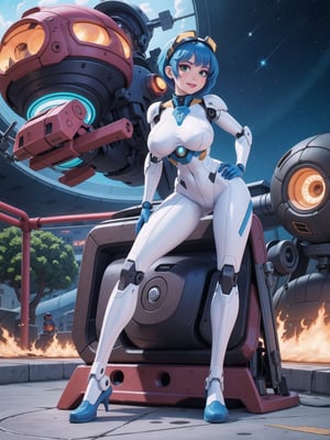 a woman, wearing an all-white mecha suit with blue parts+cybernetic armor+robotic suit, gigantic breasts, wearing a helmet on her head with a visor, blue hair, short hair, mohawk hair, hair with bangs in front of her eyes, looking directly at the viewer, in a space aircraft, with many machines, large structures, computers, windows, elevators, light pipes, robots, ((sensual pose with interaction and leaning on + object+on something + leaning against):1.3), 16K, UHD , unreal engine 5, super metroid, (full body:1.5), quality max, max resolution, ultra-realistic, ultra-detailed, maximum sharpness, perfect_hands, better_hands, more detail,