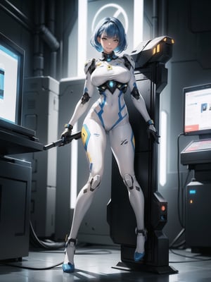 A woman, wearing mecha suit+robotic suit+cyber suit, white+parts in blue+yellow lights, costume very tight on the body, ((gigantic breasts, wearing capus), blue hair, very short hair, hair with bangs in front of the eyes, is looking at the viewer, (((sensual pose with interaction and leaning on anything+object+leaning against))) in an alien dungeon, with futuristic machines, computers on the walls, control panels, teleportation with interdimensional portal, slimes, aliens with cybernetic armor, ((full body):1.5), 16k, UHD, maximum quality, maximum resolution, ultra-realistic, ultra-detailed, Furtastic_Detailer, Goodhands-beta2, ((perfect_hands):1), 