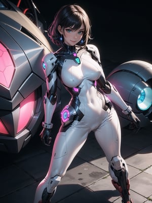 A woman, wearing mecha+mecha armor+robotic armor, white suit with red parts+lights, tight and tight suit on the body, gigantic breasts, short hair, blue hair, c hair fastened, hair with bangs in front of the eyes, hair slick, (((looking at the viewer, sensual pose+Interacting+leaning on anything+object+leaning against))) in a very old alien tomb,  with large structures, technological altars, mechanical structures, full_body, 16K, UHD, unreal engine 5, quality max, max resolution, ultra-realistic, ultra-detailed, maximum sharpness, ((perfect_hands, perfect_legs)), Goodhands-beta2, ((mecha+ style super_metroid)), (full_body:1.3)