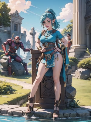 Solo woman, blue T-shirt with Golden parts, short white skirt with Golden props, ((sheikah costume)), gigantic breasts, mohawk hair, blue hair, messy hair, hair with ponytail, looking directly at the viewer, she is, on a mountain, with many monsters, robots, large ancient machines, many stones, 1water, large pillars, stone altars, zelda tears of the kingdom, 16K, UHD, best possible quality, ultra detailed, best possible resolution, Unreal Engine 5, professional photography, she is, (((iInteracting and leaning on anything+object+on something+leaning against+sensual pose))), better_hands, ((full body)), More detail