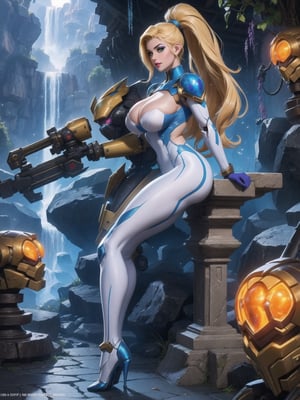 Solo woman, ((mecha costume all white, parts in blue, lights in yellow, costume very tight on the body, gigantic breasts)), mohawk hair, blue hair, messy hair, hair with ponytail, looking directly at the viewer, she is, in an alien dungeon, with many machines, many aliens, waterfall, large stone pillars, stone altars, heavy armaments, ((super metroid, ultra technological, warcraft)), 16K, UHD, best possible quality, ultra detailed, best possible resolution, Unreal Engine 5, Super Metroid, professional photography, she's, (((Sensual pose with interaction and leaning on anything+object+on something+leaning against))), better_hands, More detail, ((full body))