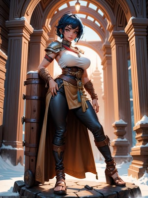 A woman, wearing a warrior's costume made of dark brown leather, white T-shirt, long black leather pants, leather sandals, ((gigantic breasts)), blue hair, very short hair, mohawk hair, hair with bangs in front of the eyes, looking at the viewer, (([pose with interaction and leaning on something|pose with interaction and leaning on a large object])), in a Spartan temple with altars, structures, statues, background of snowy mountains with a beautiful sunset, ((full body):1.5), 16k, UHD, best possible quality, ultra detailed, best possible resolution, Unreal Engine 5, professional photography, well-detailed fingers, well-detailed hand, perfect_hands, perfect, ((god of war))
