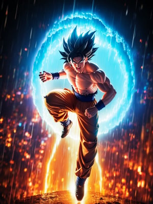 (full body:2) Son Goku Ultra Instinct, looking at the viewer with a look of fury, he is in a completely destroyed city raining heavily with several people fleeing the city. He is furiously emanating magic aura around his body. He's in a fighting stance. Better quality, better resolution, better sharpness, UHD, masterpiece, correct anatomy.,son goku