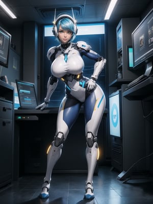 A woman, wearing mecha suit+robotic suit+cybernetizo suit, white+blue parts+yellow lights, very tight costume on the body, ((gigantic breasts, helmet on the head)), blue hair, very short hair, hair with bangs in front of the eyes, is looking at the viewer, (((sensual pose, with interaction, leaning on anything+object+place+leaning))) in an alien dungeon,  with futuristic machines, computers on the walls, control panels, slimes, aliens with cybernetic armor, ((full body):1.5), 16k, UHD, maximum quality, maximum resolution, ultra-realistic, ultra-detailed, ((perfect_hands):1) , Furtastic_Detailer, Goodhands-beta2