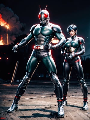 A woman, wearing the Kamen Rider suit, very tight and tight suit, extremely sexual, monstrously gigantic breasts, blue hair, short hair, mohawk, looking at the viewer, (((erotic pose+interacting+leaning+on something ))), on a battlefield with war vehicles, giant machines, background of a completely destroyed and burning city, it's night, ((full body):1.5), 16k, UHD, best possible quality, ((ultra detailed):1.2), best possible resolution, Unreal Engine 5, professional photography, ((perfect_hands, perfect_fingers, perfect_legs):1.2),Kamen_Rider_Black_RX