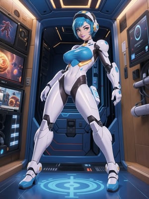 a woman, wearing an all-white mecha suit with blue parts+cybernetic armor+robotic suit, gigantic breasts, wearing a helmet on her head with a visor, blue hair, short hair, mohawk hair, hair with bangs in front of her eyes, ((((looking directly at the viewer, sensual pose+Interacting+leaning on anything+object+leaning against)))), in a space aircraft, with many machines, large structures, computers, windows, elevators, light pipes, robots, 16K, UHD, (full body:1.5), unreal engine 5, super metroid, quality max, max resolution, ultra-realistic, ultra-detailed, maximum sharpness, perfect_hands, better_hands, more detail,