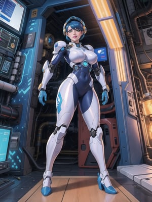 a woman, wearing an all-white mecha suit with blue parts+cybernetic armor+robotic suit, gigantic breasts, wearing a helmet on her head with a visor, blue hair, short hair, mohawk hair, hair with bangs in front of her eyes, (((looking directly at the viewer, sensual pose + Interacting + leaning on anything + object + leaning against))) + in a space aircraft, with many machines, large structures, computers, windows, elevators, light pipes, robots, 16K, UHD, (full body:1.5), unreal engine 5, super metroid, mecha, quality max, max resolution, ultra-realistic, ultra-detailed, maximum sharpness, perfect_hands, better_hands, more detail,