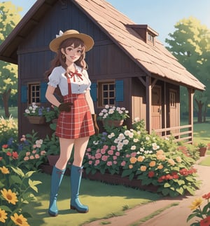 A work of art in Realistic, Comedy, Romantic styles. | A young 21-year-old woman is wearing a farm girl outfit consisting of a red and white checkered blouse, a red and white checkered skirt, a white apron with red flower prints, brown rubber boots, and work gloves. brown. She has long, loose, wavy ((blue hair)), with a straw hat tied around her neck with a red ribbon. She has red eyes, is ((smiling at the viewer, showing her white teeth)) and wearing red lipstick. She is in a farmhouse, a cozy, rural place with wooden structures like a barn, a wooden fence, and a porch with rocking chairs. There are also metal structures, such as a windmill and a water tank, and natural structures, such as trees, flowers and a vegetable garden. Sunlight illuminates the place, creating a warm and cozy atmosphere. | The image highlights the figure of the young woman and her farmer's outfit against the rural background of the farmhouse. Sunlight creates soft shadows and highlights the details of the scene. | Soft, warm lighting effects create a relaxing and welcoming atmosphere, while detailed textures in wood, metal and fabrics add realism to the image. | A romantic and fun scene of a young woman in a farmer's outfit in a rural farmhouse. | (((((The image reveals a full-body shot as she assumes a sensual pose, engagingly leaning against a structure within the scene in an exciting manner. She takes on a sensual pose as she interacts, boldly leaning on a structure, leaning back in an exciting way.))))). | ((full-body shot)), ((perfect pose)), ((perfect fingers, better hands, perfect hands)), ((perfect legs, perfect feet)), ((huge breasts)), ((perfect design)), ((perfect composition)), ((very detailed scene, very detailed background, perfect layout, correct imperfections)), More Detail, Enhance