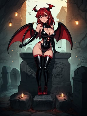 {((1vampire woman with black horns))}, {((wearing erotic clothing made of black latex with red parts, extremely tight and tight on the body,)), ((she has large bat wings)), (((absurdly large and firm breasts)), ((looking at the viewer, messy red hair with bangs)), she is ((doing sensual pose, [leaning against a high tombstone|leaning against a tombstone|sitting on a high tombstone]:1.3)), ((in a cemetery, it's daytime, strong sunlight, light fixtures stuck in stones from faded tombstones))), (((full body))), 16k, UHD, ((Better quality, better resolution, better detail))
