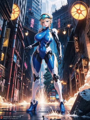 Solo woman, ((wearing mecha suit+all-white robotic suit, with parts in blue, plus yellow lights, suit with attached armaments, gigantic breasts, wearing cybernetic helmet with visor)), mohawk hair, blue hair, messy hair, ponytail hair, looking directly at the viewer, she is, on a mountain, with many monsters, robots, large ancient machines, many stones, 1water, large pillars, stone altars, zelda tears of the kingdom, super metroid, ultra technological, 16K, UHD, best possible quality, ultra detailed, best possible resolution, Unreal Engine 5, professional photography, she is, (((iInteracting and leaning on anything+object+on something+leaning against+sensual pose))), better_hands, ((full body)), More detail