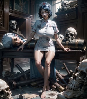 ((Masterpiece in 8K resolution, realistic style with horror influences and elements of gothic art, emphasizing the character's sensuality.))) | A sexy 22-year-old nurse with gigantic breasts and a sweat-drenched body is in a scary operating room of a run-down hospital. She wears an ((all-white nurse outfit, with a short skirt, torn and dirty)), revealing her legs. Barefoot, she has a nurse's cap with a red cross in the center. Her (her (red eyes)) contrast with her ((ghoulish smile)) as she looks directly at the viewer, conveying a mixture of seduction and menace. Her short ((blue hair)) with big bangs adds a touch of mystery to her appearance. | The scene unfolds in a dirty, poorly lit operating room, with deteriorated structures, destroyed medical equipment and scattered remains, such as skeletons, skulls and zombies. The atmosphere is dense and oppressive, with sinister, demonic shadows stirring in the darkness. | The composition approaches from a low viewing angle, highlighting the nurse's imposing, sensual figure and the terrifying setting. The sparse, contrasting lighting creates a dramatic effect, emphasizing the textures and details of the scene, including the beads of sweat running down the nurse's body. | Gothic and seductive nurse in a haunted and decaying operating room. | (((She takes a sensual_pose as she interacts, boldly leaning on a structure, leaning back in an exciting way.))), (((((full-body portrait))))), ((perfect_pose, perfect_anatomy, perfect_body)), ((perfect_fingers, perfect_hands, better_hands)), (((perfect_composition, perfect_design, perfect_layout, perfect_detail)), ((ultra_detailed, More Detail, Enhance)))., (masterpiece