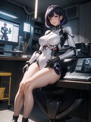 A woman, wearing mecha+armor mecha+robotic armor, white suit with purple parts, very tight and tight suit on the body, gigantic breasts, short hair, blue hair, c hair fastened with fastener, hair with bangs in front of the eyes, hair straight, (((looking at the viewer, sensual pose+Interacting+leaning on anything+object+leaning against))) in a laboratory of scientific experiments,  with many machines, glass reservoirs with alien bodies, many computers, equipment, ((full_body):1.3), 16K, UHD, unreal engine 5, quality max, max resolution, ultra-realistic, ultra-detailed, maximum sharpness, ((perfect_hands, perfect_legs)), Goodhands-beta2, ((gigantic breasts, Alien, robotic body, cybernetic armor))