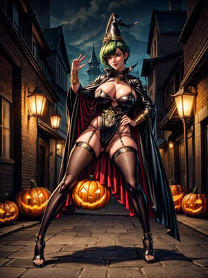1woman, wearing black witch outfit with golden bands, extremely tight and erotic clothing, absurdly giant breasts, green hair, mohawk hair, extremely short hair, hair with bangs in front of the eyes, black witch hat on the head, looking at the viewer, (((erotic pose interacting and leaning on something))), in a city having party altars, pumpkins,  lamps illuminating the city, macabre city background having halloween party by night, ((full body):1.5), 16k, UHD, best possible quality, ((ultra detailed):1), best possible resolution, Unreal Engine 5, professional photography, perfect_hands