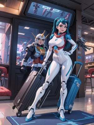 Solo woman, wearing mecha suit+cybernetic armor+gundam suit, all white with parts in blue, gigantic breasts, mohawk hair, blue hair, messy hair, looking directly at the viewer, she is, in an alien airport, with many machines, many aliens, many people transiting, glass table, chair, luggage carts, ((gundam, futuristic, ultra-technological, alien)), 16K, UHD, best possible quality, ultra detailed, best possible resolution, Unreal Engine 5, professional photography, she is, (((Sensual pose with interaction and leaning on anything+object+on something+leaning against))), better_hands, More detail, ((full body)),